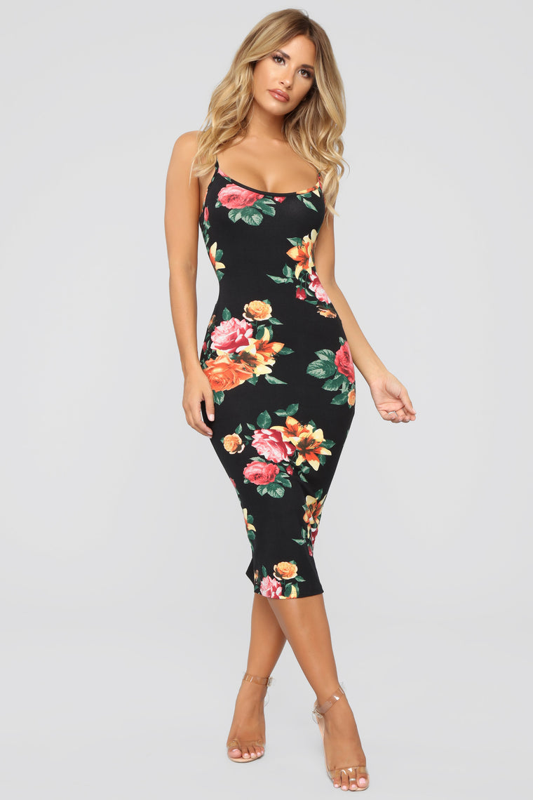 black floral midi dresses