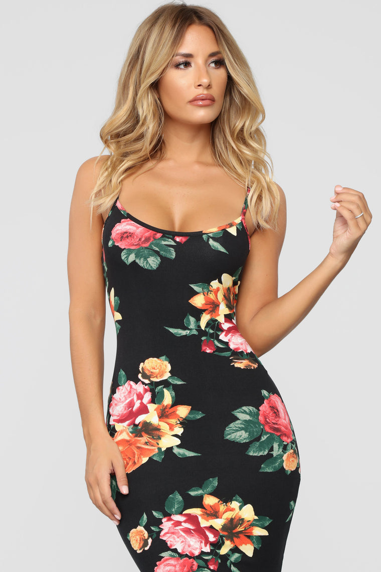 black floral midi dresses