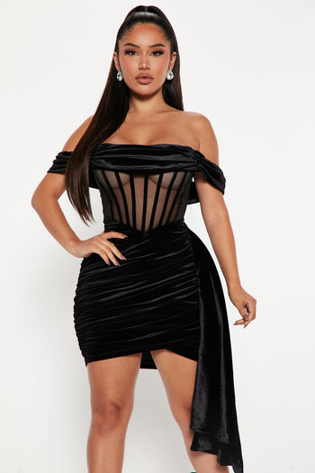 Brydie Mesh Ruched Dress — Black