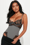 Flirty Cuddles Ribbed Lace Teddy - Grey/Black