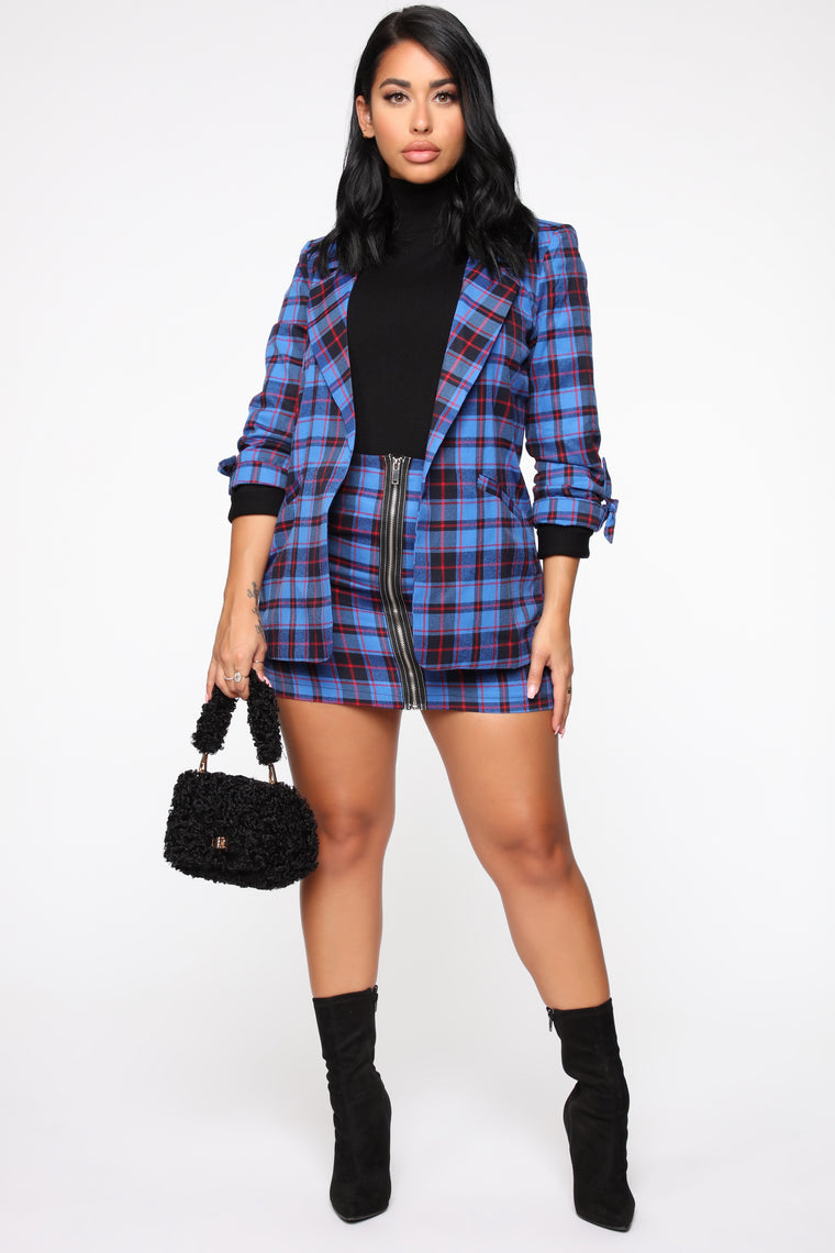 black and white plaid skirt set