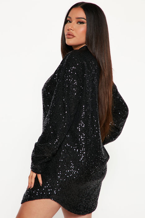 Black Velvet Sequin Oversized Shirt Dress