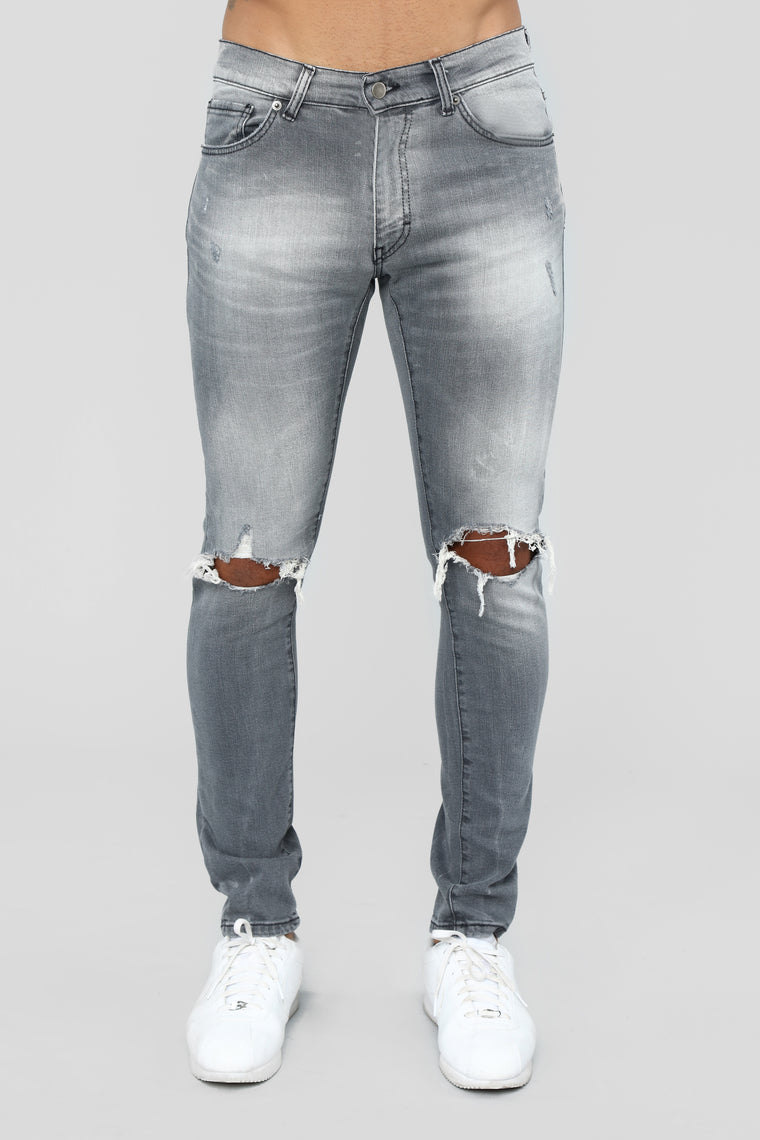 Asphalt Blown Out Knee Skinny Jeans - Grey