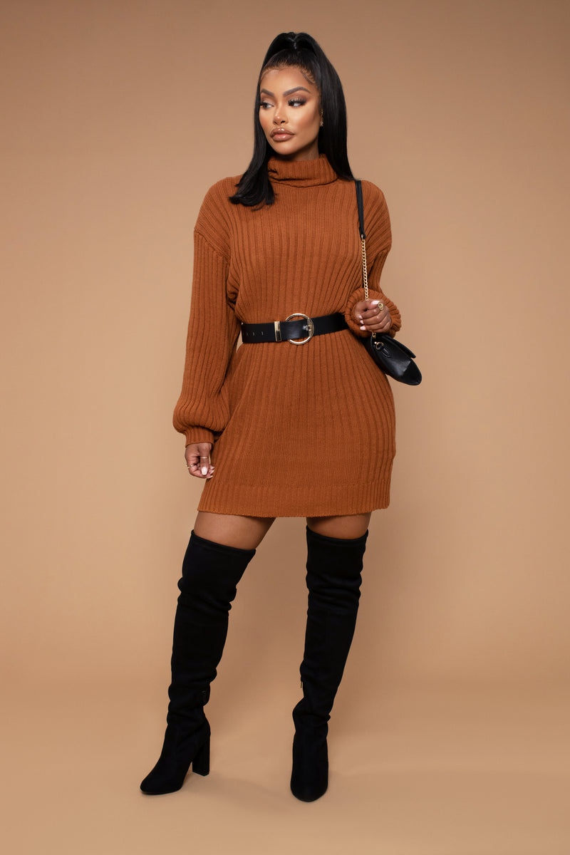 cognac sweater dress