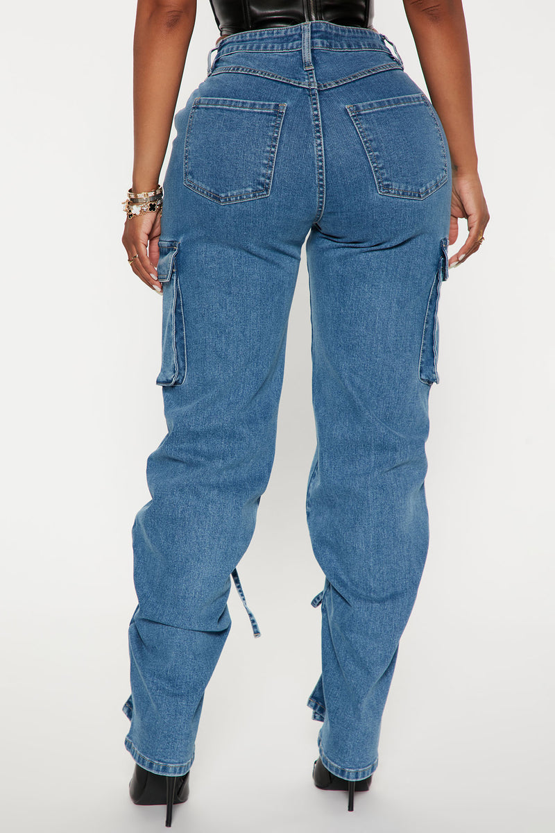 In A Cinch Split Hem Cargo Jeans - Medium Wash | Fashion Nova, Jeans ...