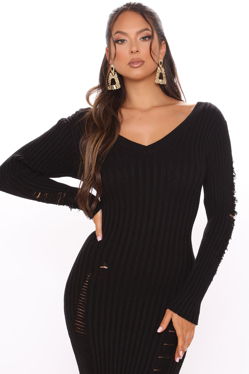 One Love Distressed Sweater Midi Dress - Black | Fashion Nova, Dresses ...