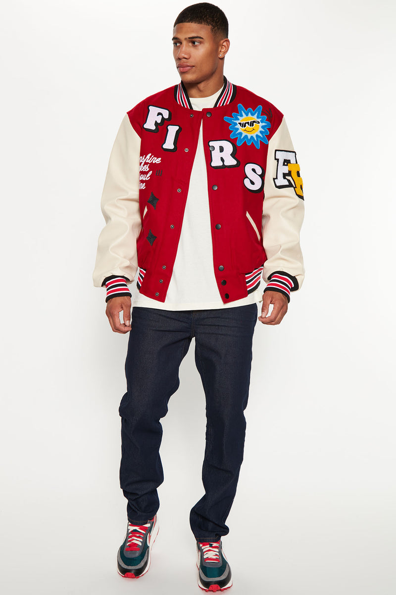 Sunshine Soul Varsity Jacket With Faux Leather Sleeves - Red | Fashion ...