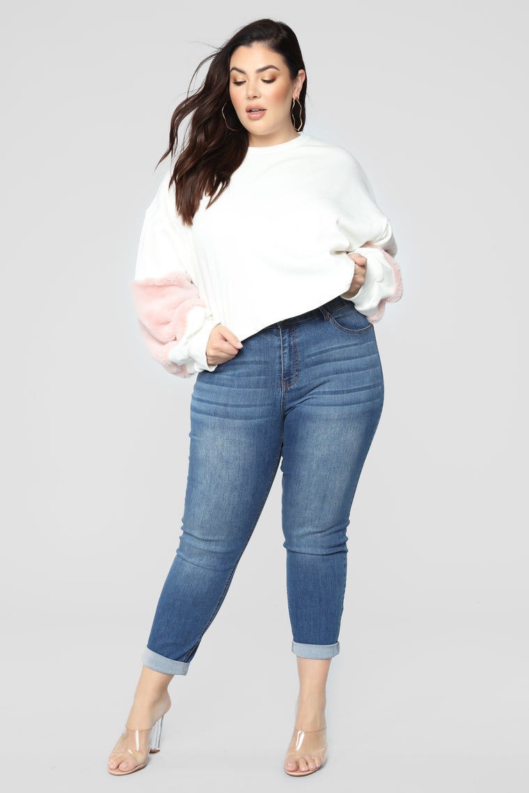 Masha Fur Sleeve Sweatshirt - White/combo - Knit Tops - Fashion Nova