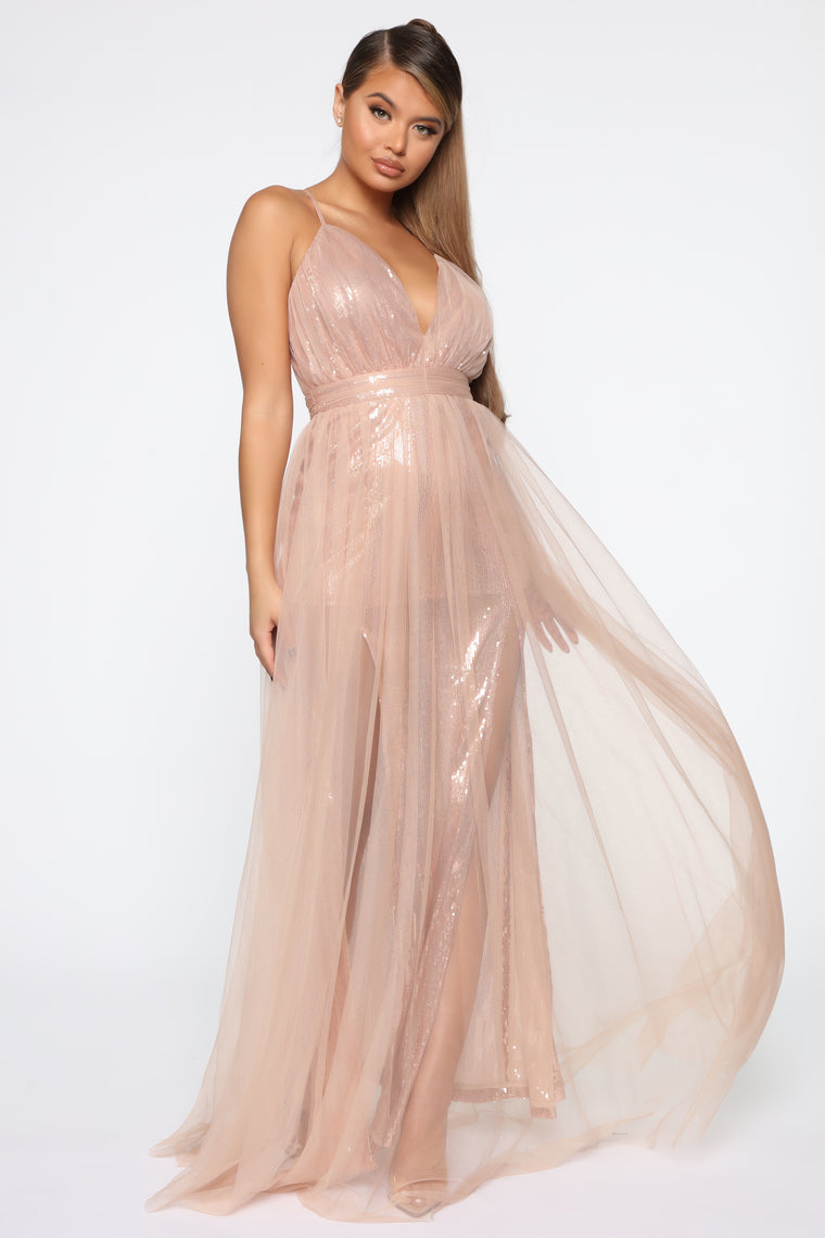 sequin maxi dress rose gold