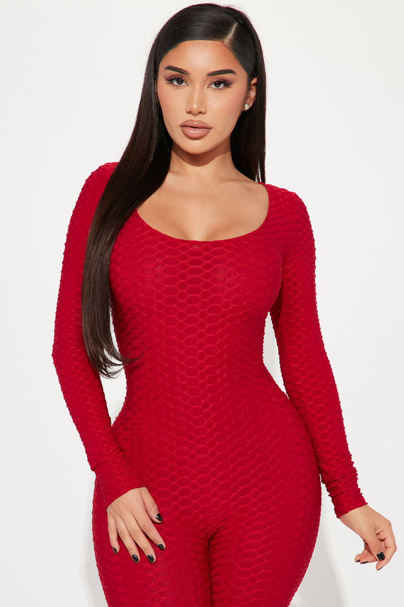 Nyla Honeycomb Jumpsuit Red Fashion Nova Jumpsuits Fashion Nova 5022