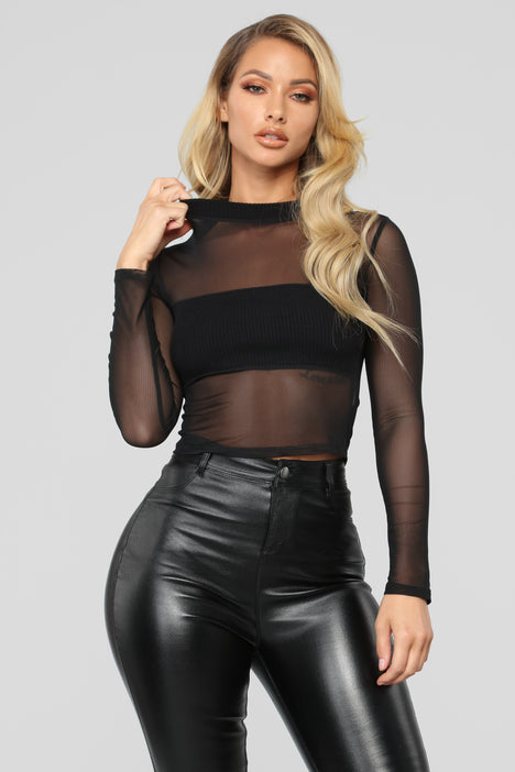 Stay Mesh Black Mesh Ruched Button-Up Long Sleeve Top