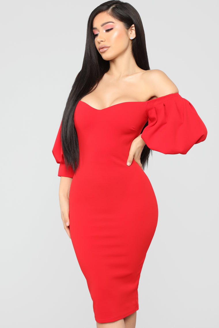 fashion nova red dress off the shoulder