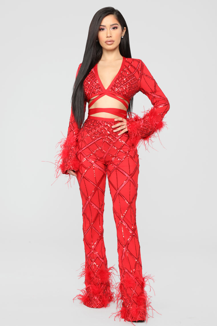 red sequin two piece set