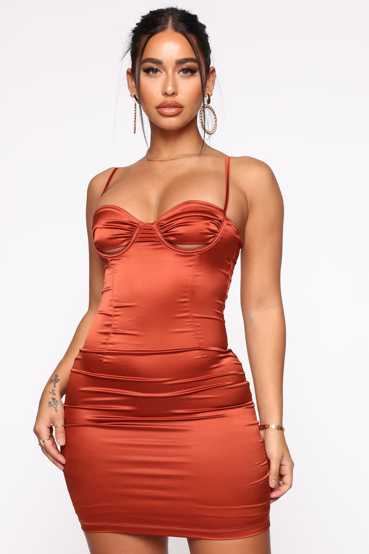 rust satin mini dress