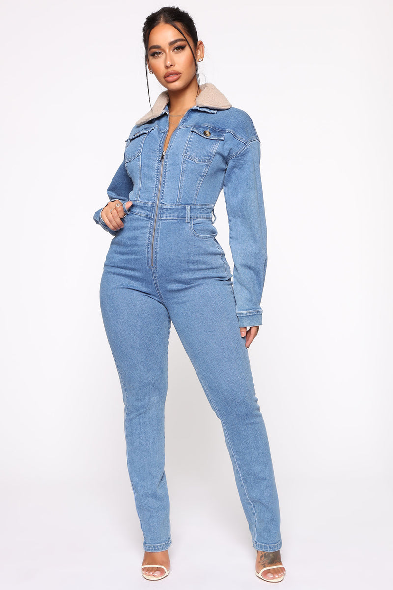 Altitude Sherpa Collar Denim Jumpsuit - Medium Wash | Fashion Nova ...