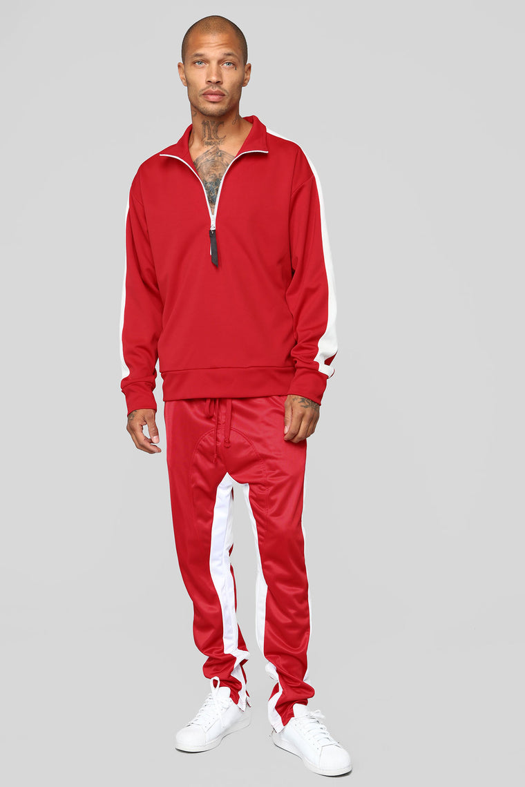 red and white track jacket