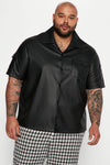 Utility Faux Leather Short Sleeve Button Up Shirt - Black