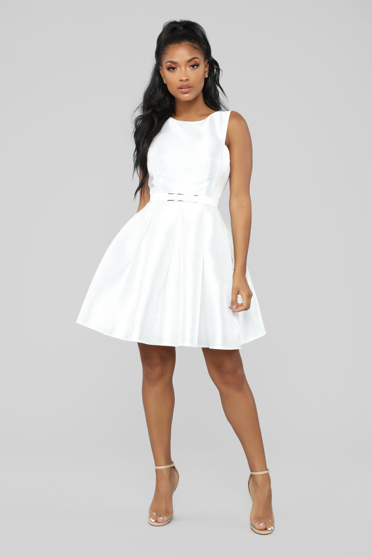 fit and flare white dress with sleeves