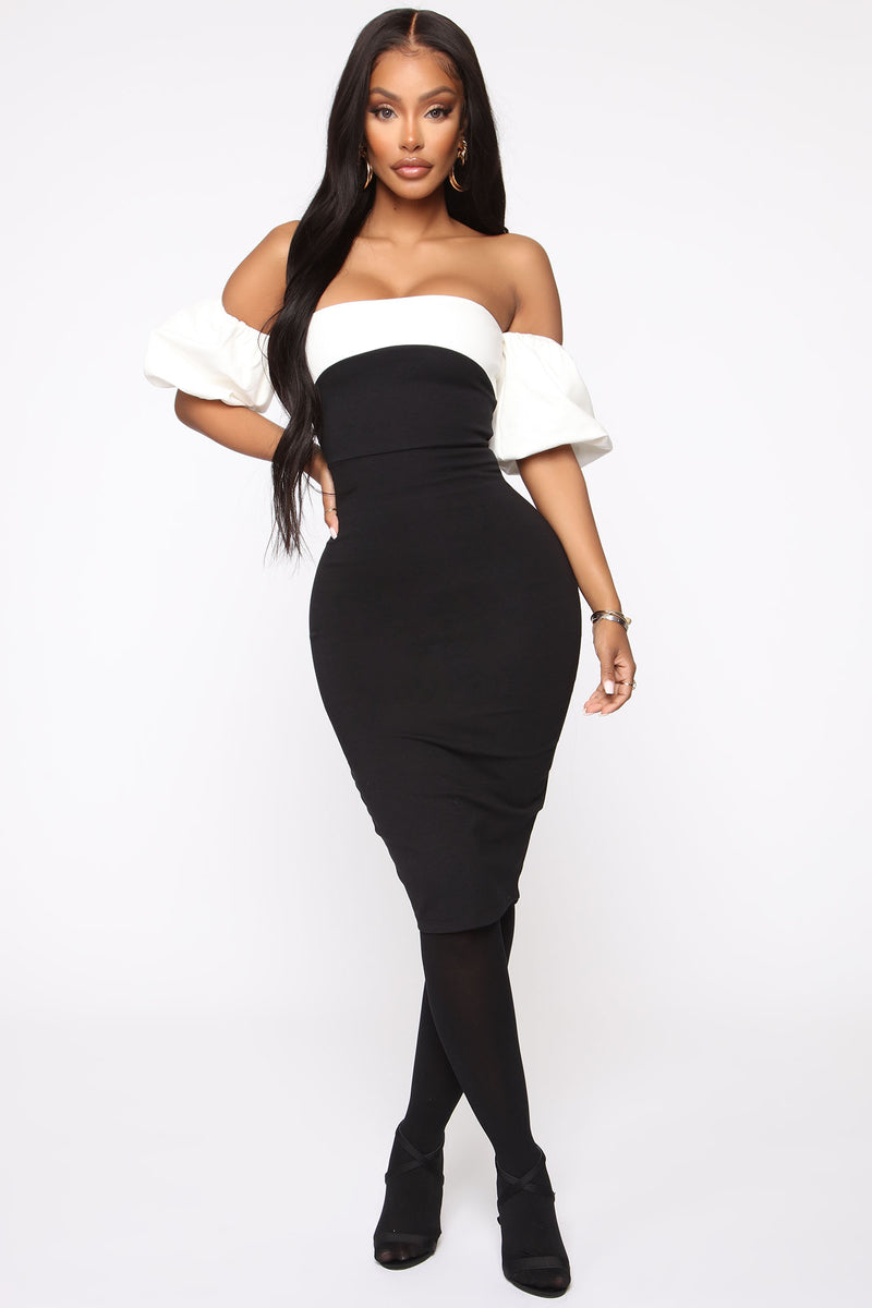 Fashion Forward Off Shoulder Midi Dress - Black/White | Fashion Nova ...