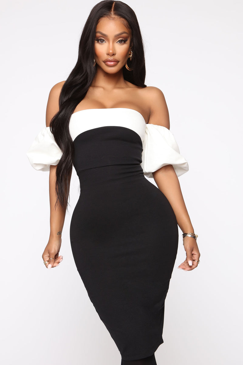 Fashion Forward Off Shoulder Midi Dress - Black/White | Fashion Nova ...