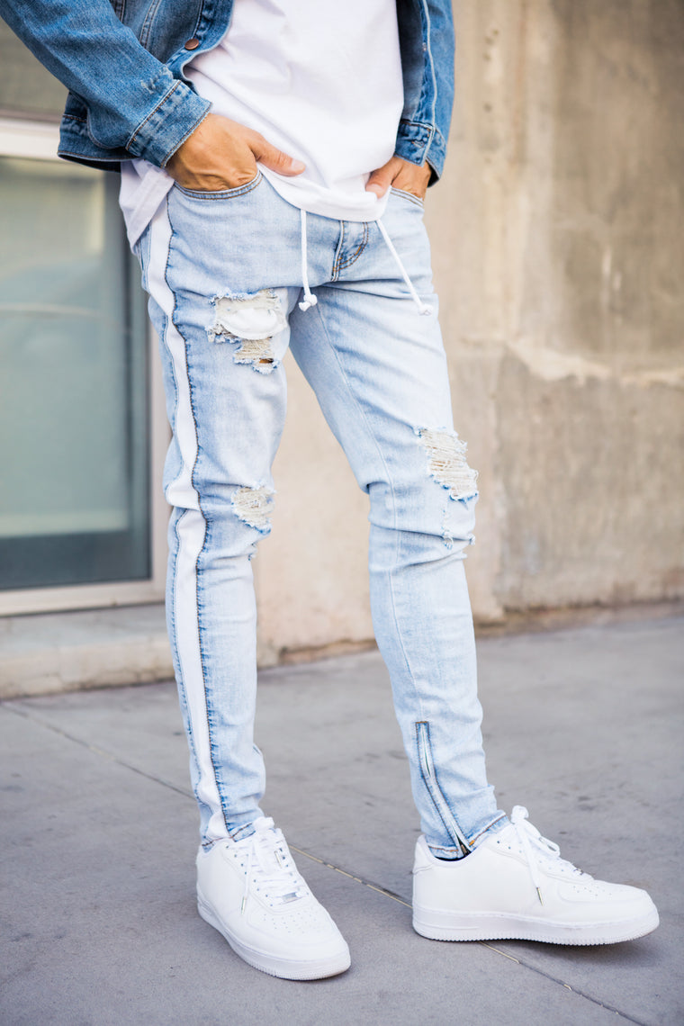 mens jeans with red stripe on side