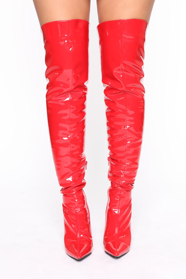 bright red thigh high boots