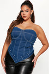 Tensions High Asymmetrical Denim Corset Top - Medium Blue Wash