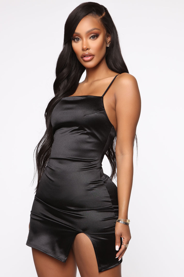 black mini satin dress