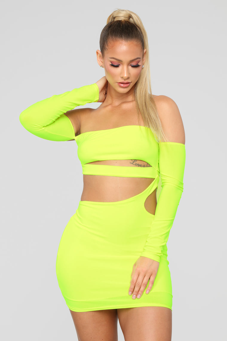 neon yellow off the shoulder dress