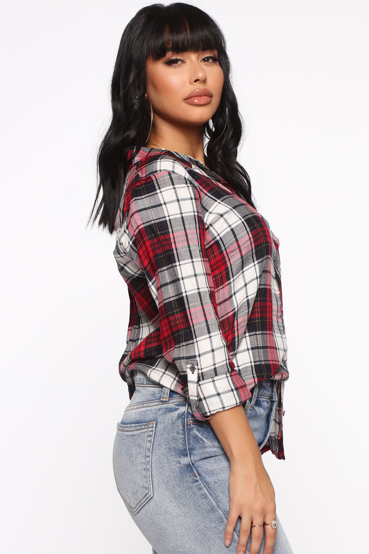 Never A Bother Plaid Top - Red/Combo, Shirts & Blouses | Fashion Nova