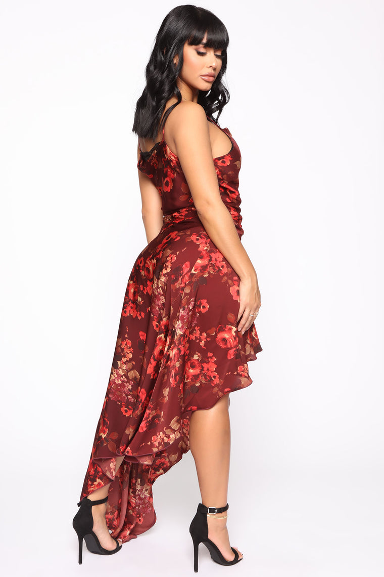 burgundy satin maxi dress