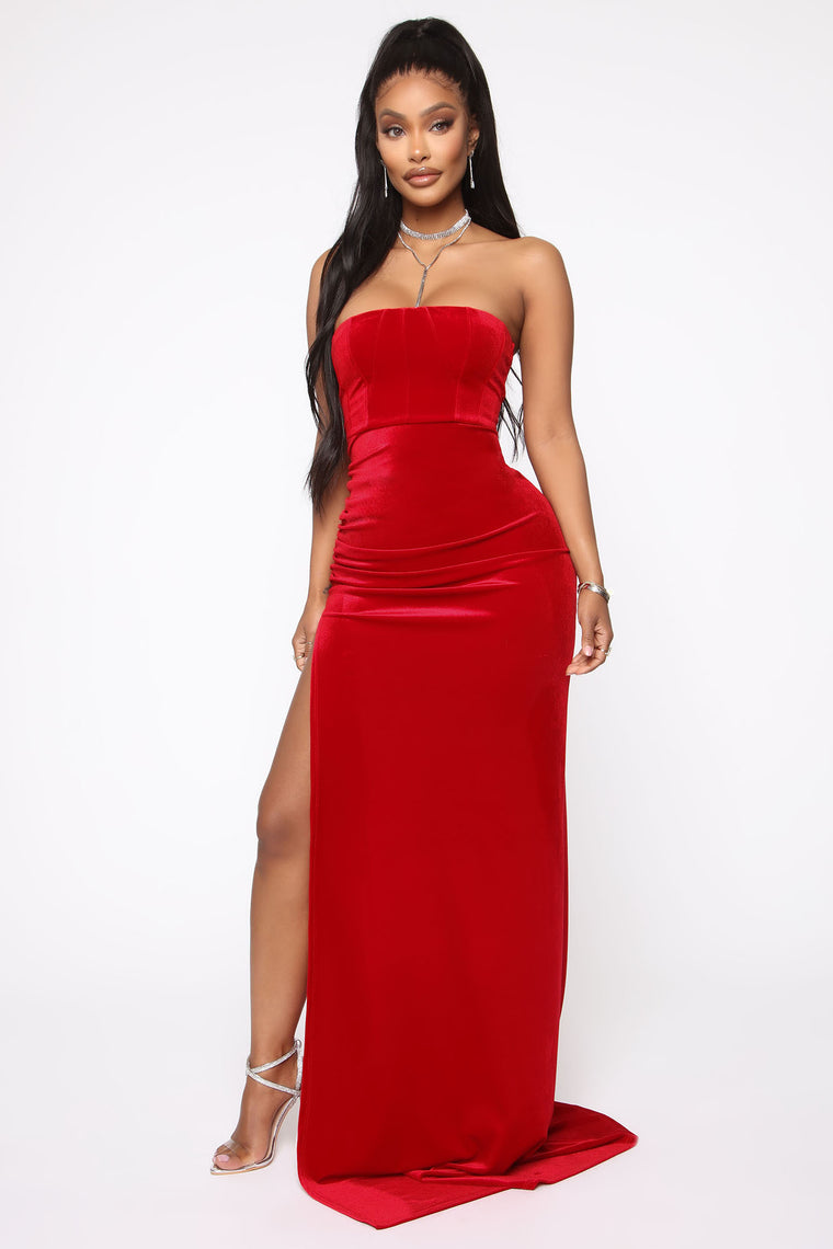 red velvet floor length dress