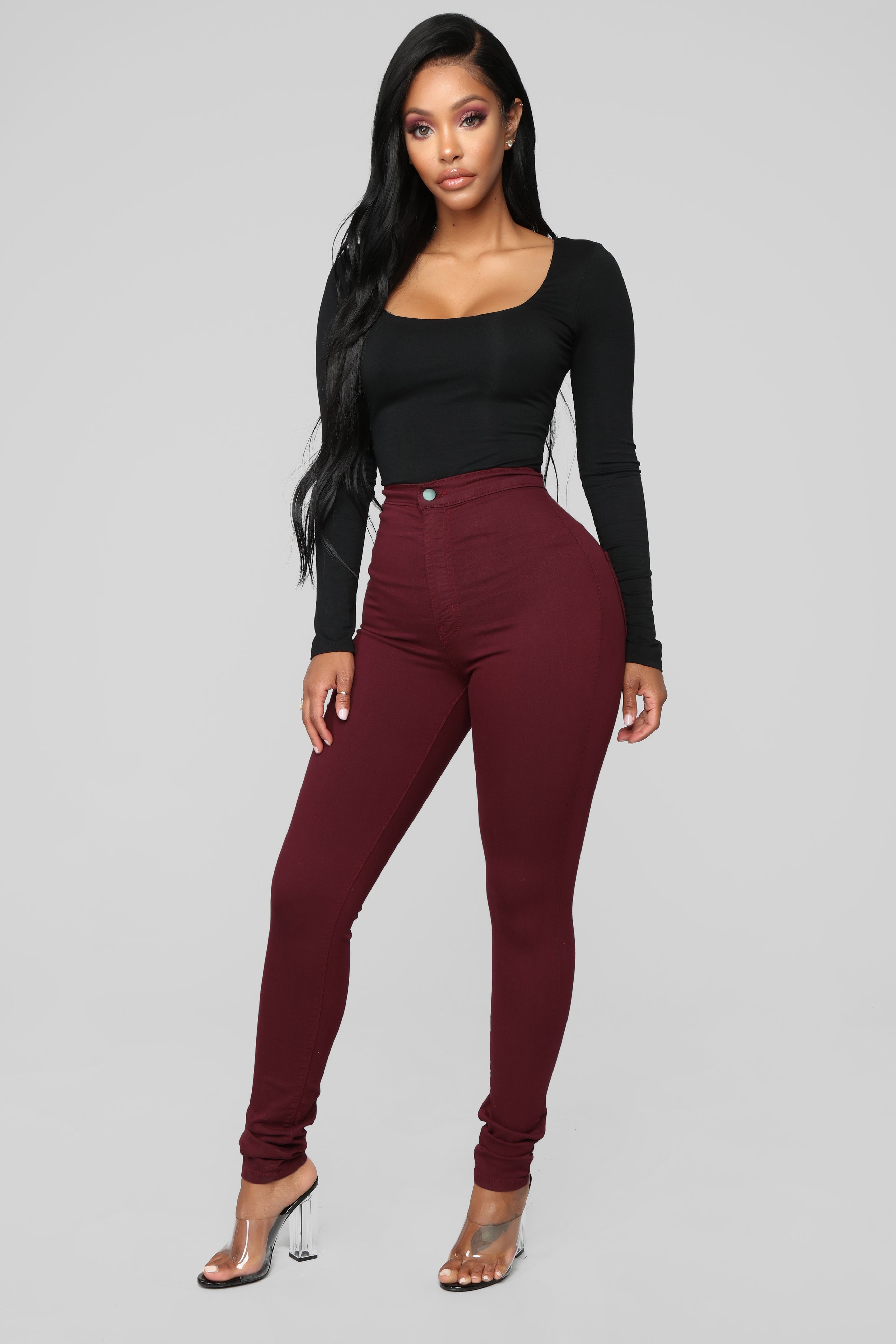 Super High Waist Denim Skinnies - Burgundy – Fashion Nova