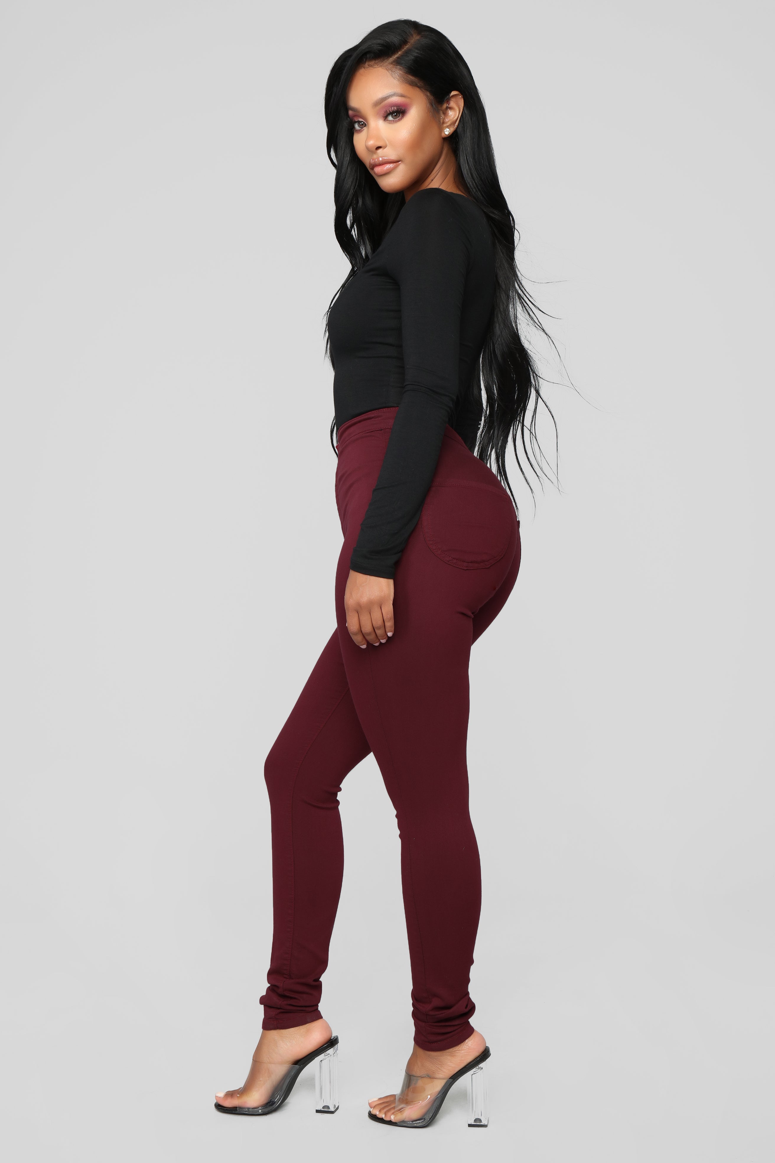 Super High Waist Denim Skinnies - Burgundy – Fashion Nova