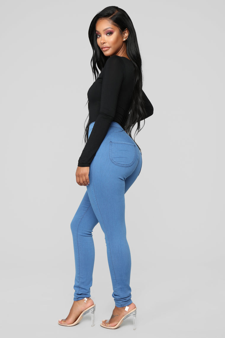 Super High Waist Denim Skinnies - Medium Blue – Fashion Nova