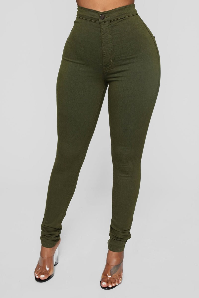 Super High Waist Denim Skinnies - Olive 