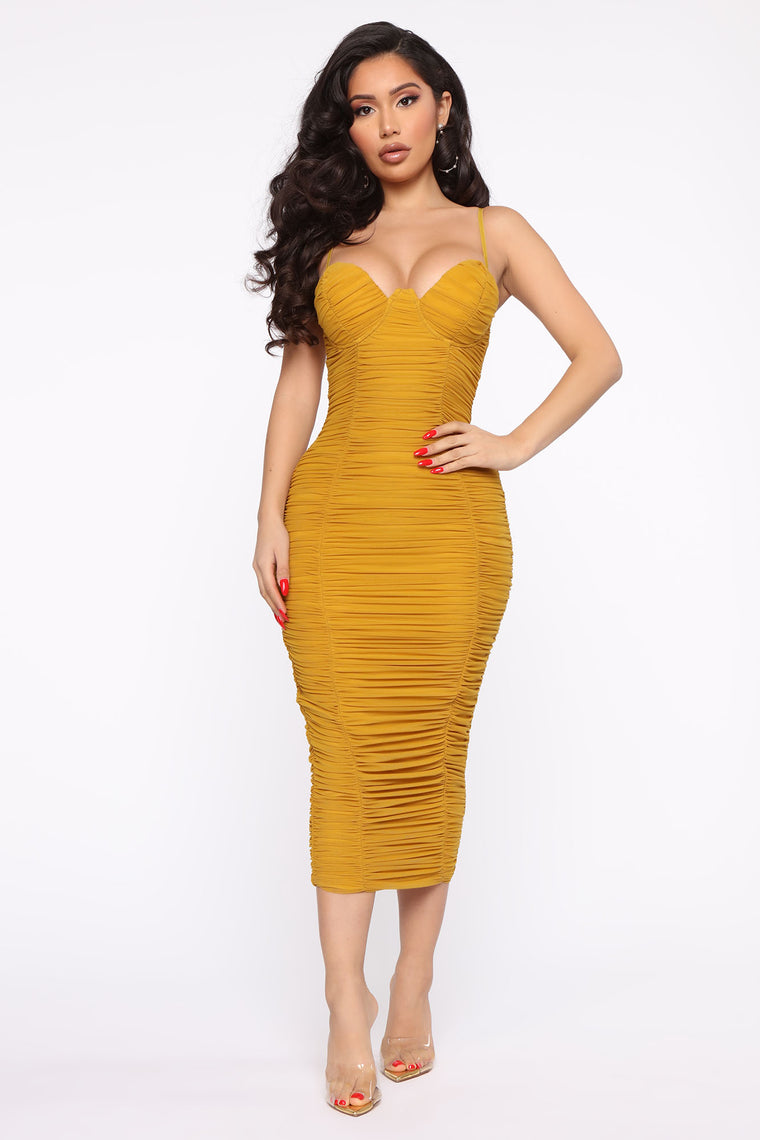 yellow ruched dress