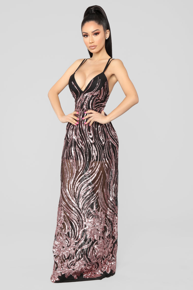 black with rose gold dress