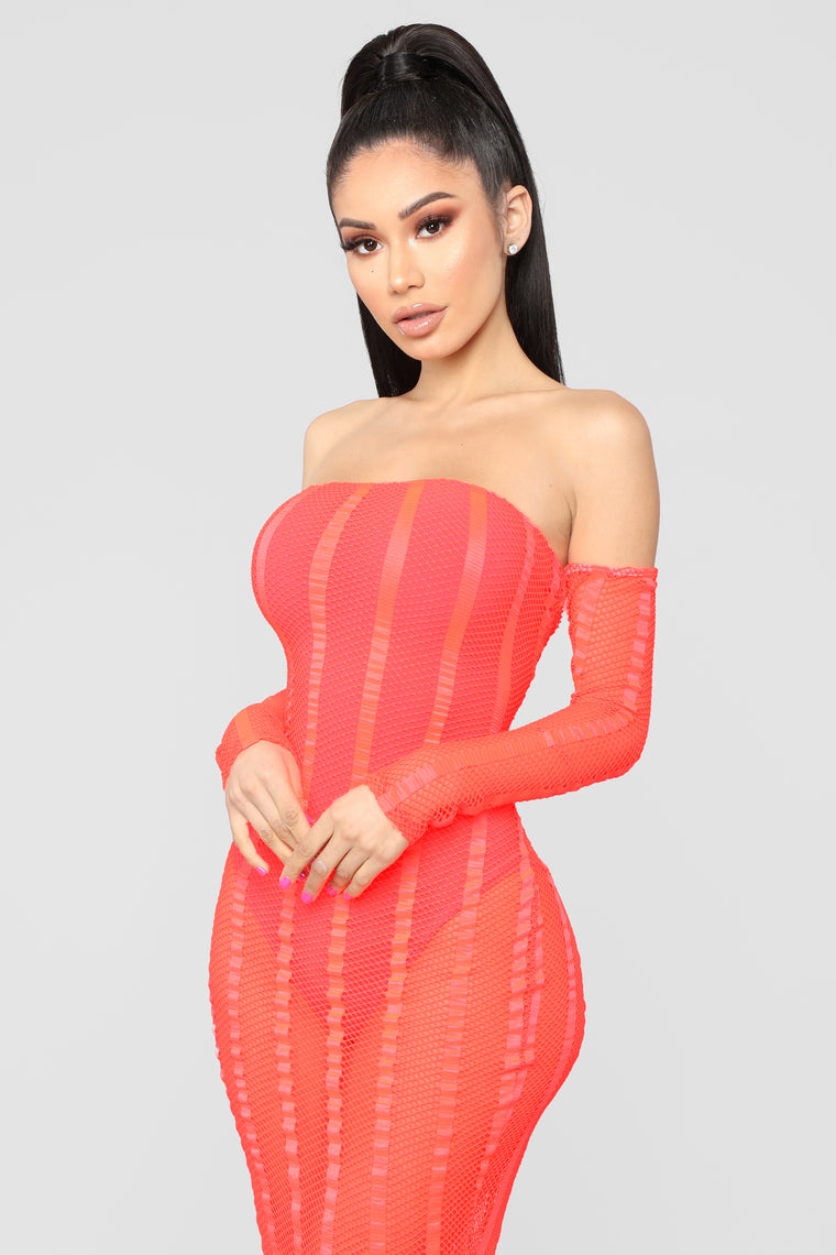 orange fishnet dress