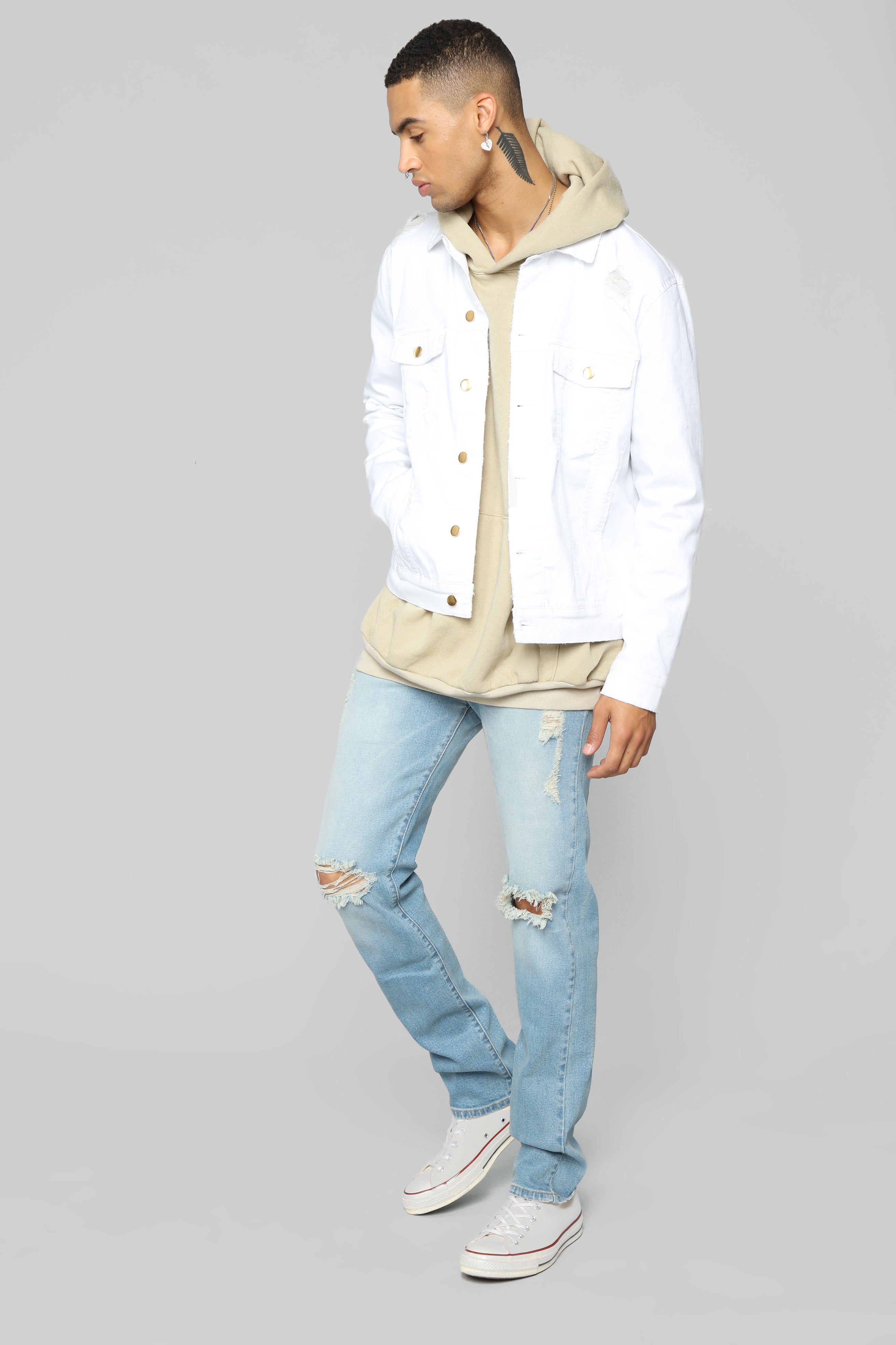 denim jacket with white hoodie