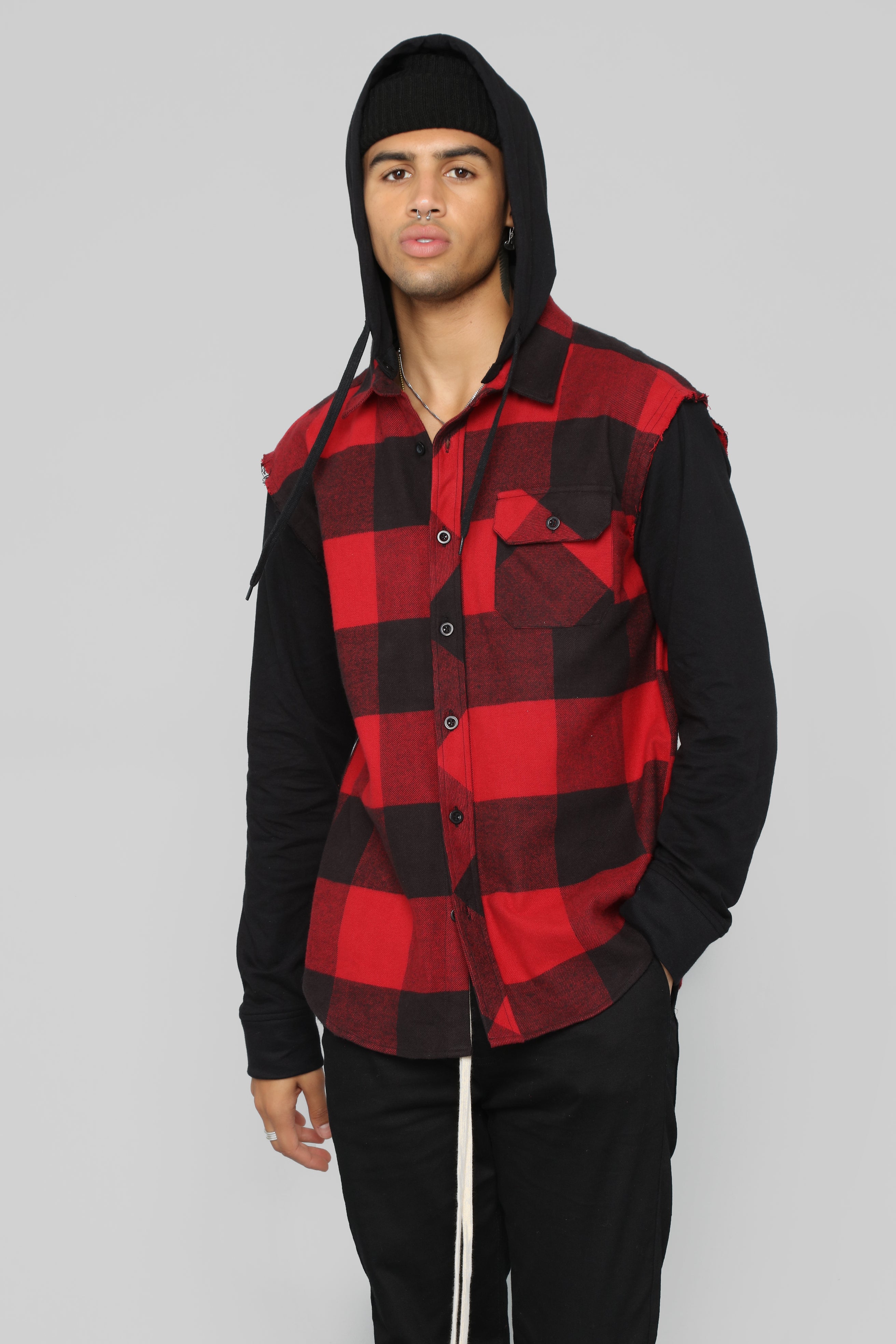 red and black hooded flannel