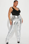 Heat Wave Faux Leather Stacked Legging- Silver