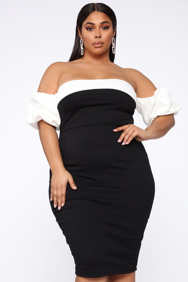 Fashion Forward Off Shoulder Midi Dress - Black/White, Dresses ...