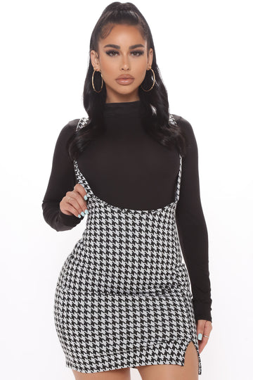 black and white overall skirt