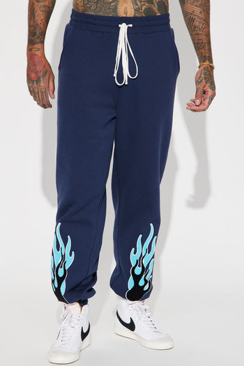 NY Script Straight Sweatpant Fashion Navy | Nova Fleece Bottoms - Nova, Mens Fashion 