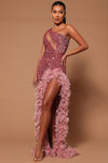 Esme Sequin Feather Maxi Dress - Pink