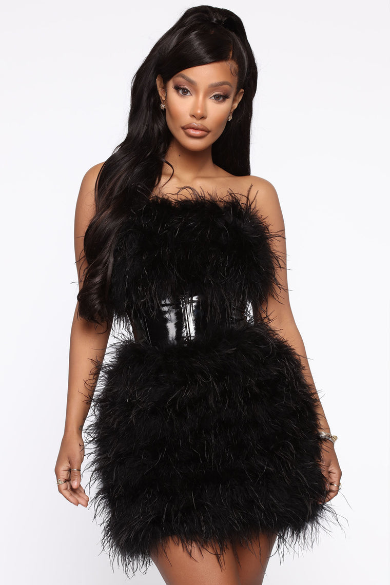 black mini dress with feathers