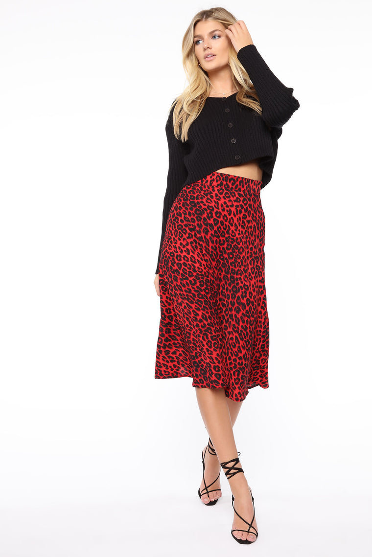 red and black animal print skirt