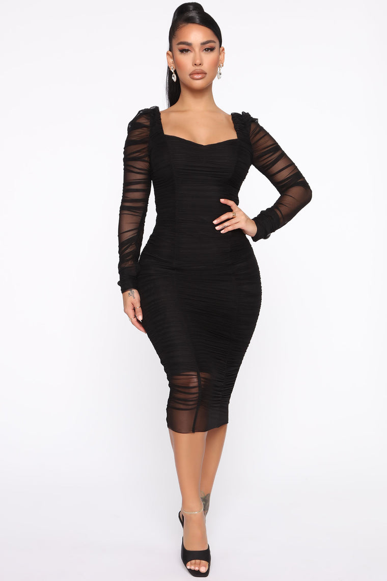 ruched midi dress black