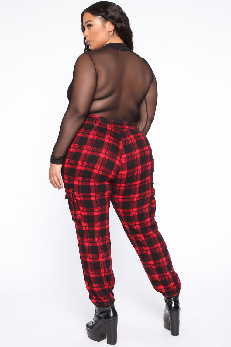 red and black plaid joggers